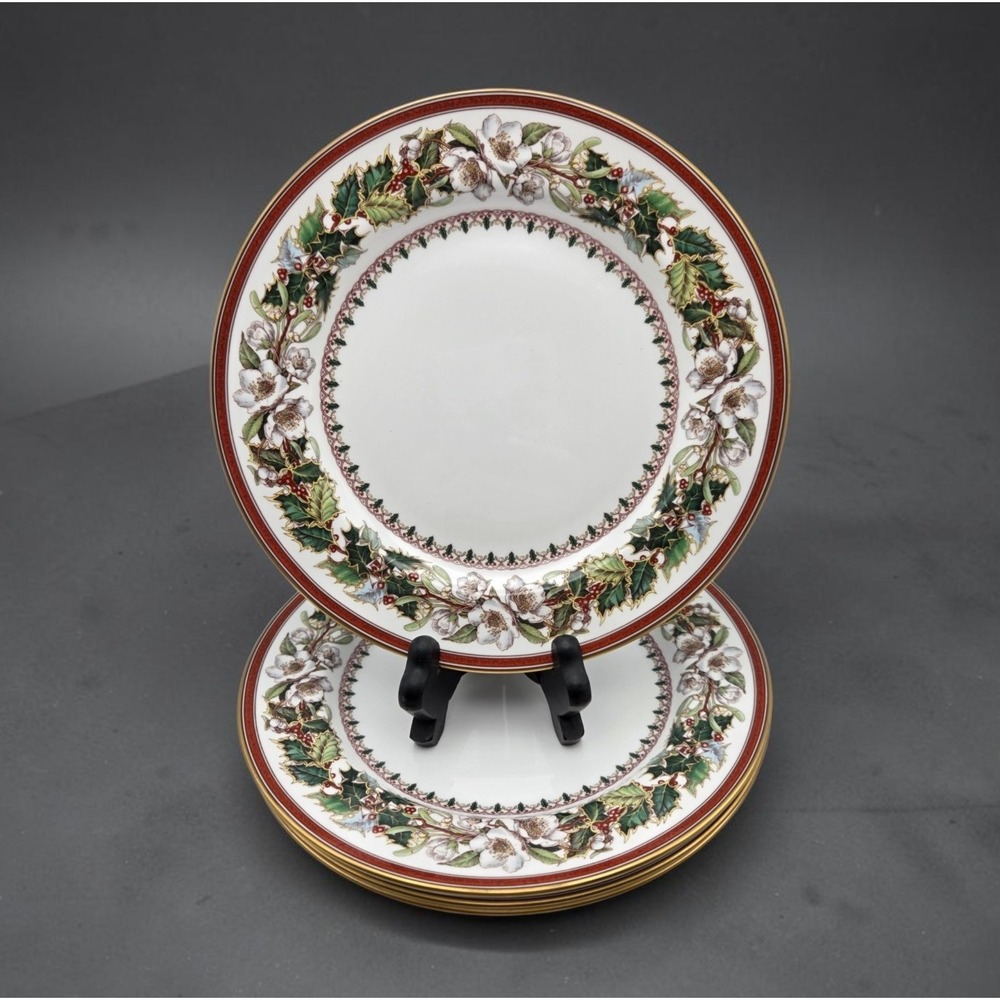 Set Of 4 Spode Christmas Rose 8" Salad Plates With Gold Rim England Y8560-U